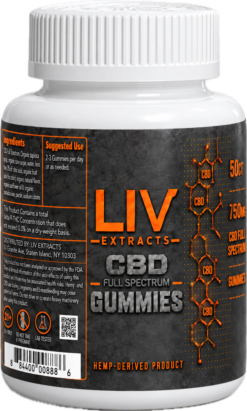 LIV Extracts CBD Full Spectrum Gummies bottle, 50 count, 750 mg