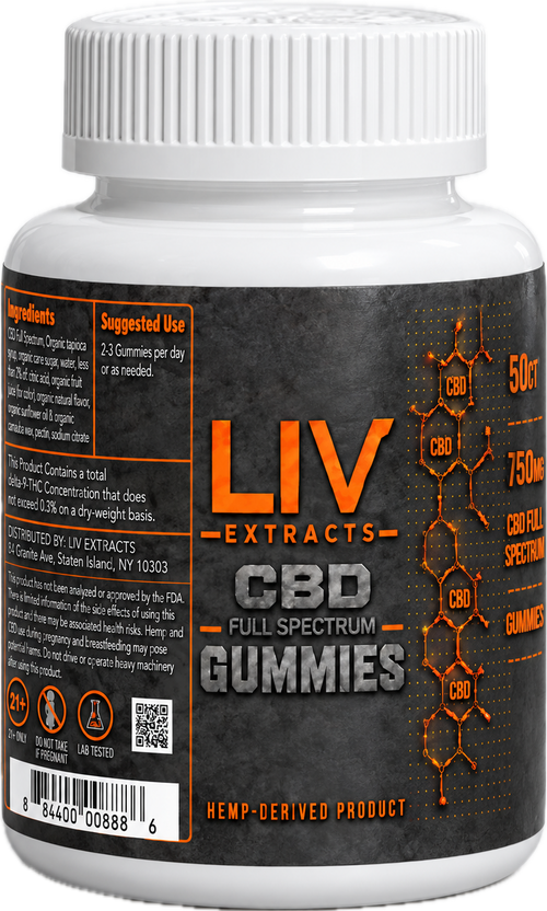 LIV Extracts CBD Full Spectrum Gummies bottle, 50 count, 750 mg