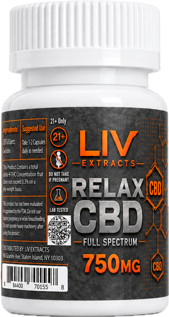 LIV Extracts Relax CBD full spectrum capsules bottle, 750 mg