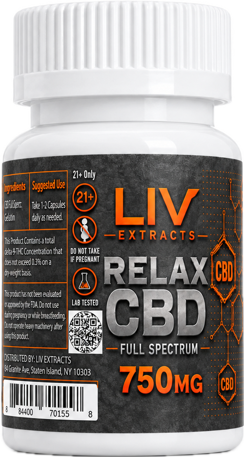 LIV Extracts Relax CBD full spectrum capsules bottle, 750 mg