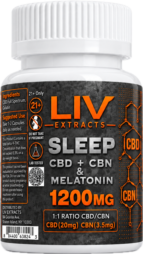 LIV Extracts Sleep CBD plus CBN and melatonin capsules bottle, 1200 mg